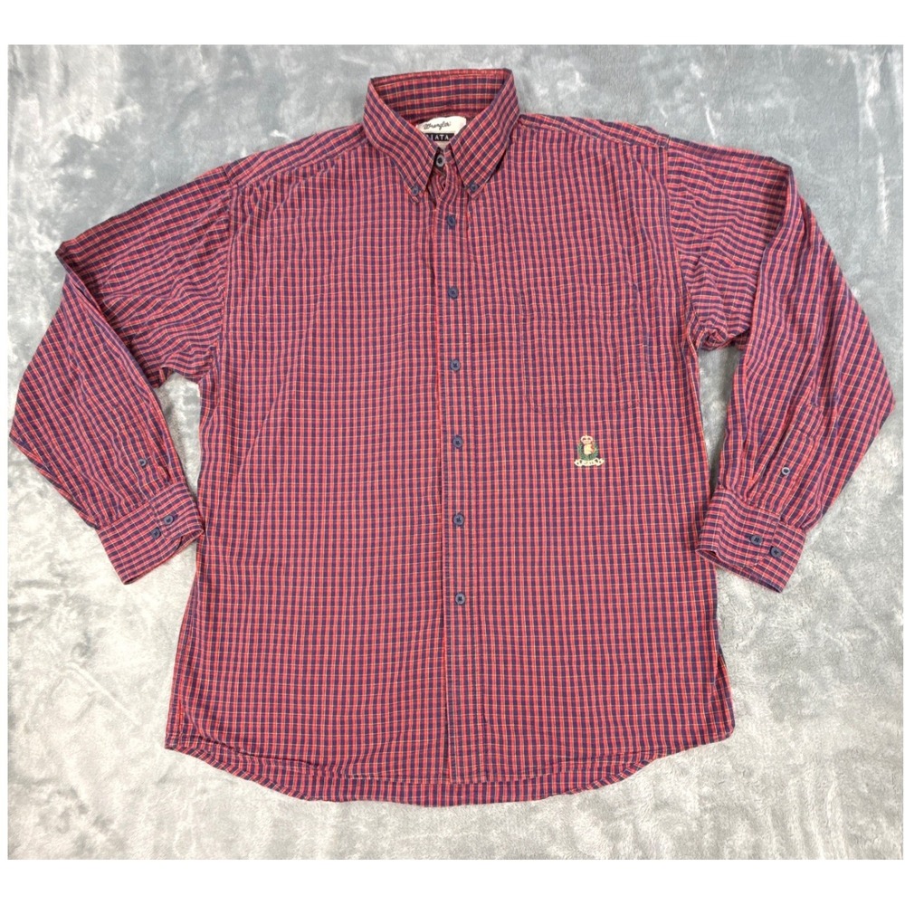 Wrangler Riata Mens Large Plaid Button Down Shirt Red‎ Navy Blue Long Sleeve L